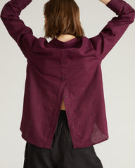 Button Back Linen Blend Polo Shirt - Acai