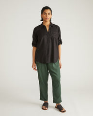 Button Back Linen Blend Polo Shirt - Black