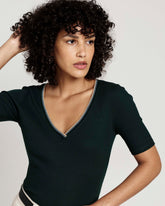 Classic V-Neck Ribbed Tee - Forest Green/Striped Trim