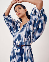 Amparo Linen Blend Dress - Blue Pressed Flower Print