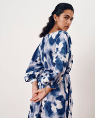 Amparo Linen Blend Dress - Blue Pressed Flower Print