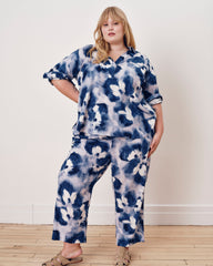 Button Back Linen Blend Polo Shirt - Blue Pressed Flower Print