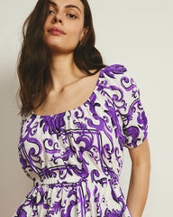 Andrea Peplum Linen Blend Top - Purple Majolica Print