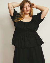 Andrea Peplum Linen Blend Top - Black