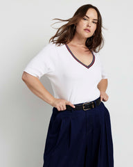 Classic V-Neck Ribbed Tee - White/Striped Trim