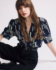 Beatrice Soft Satin Short Sleeve Top - Paddington Ribbon Print