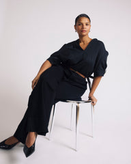 Beatrice Soft Satin Short Sleeve Top - Black
