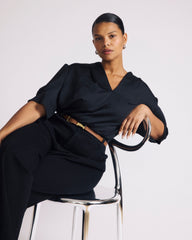Beatrice Soft Satin Short Sleeve Top - Black