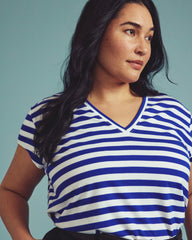 Ashley V Neck Cap Sleeve Tee - Hammersmith Blue/White Stripe