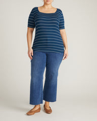 Cloud Rib Short Sleeve Square Neck Tee - Teal/White Microstripe