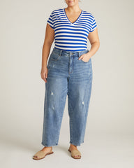Ashley V Neck Cap Sleeve Tee - Hammersmith Blue/White Stripe