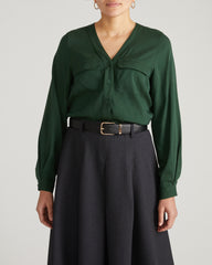 Cooling Stretch Cupro Button-Down Blouse - Forest Green