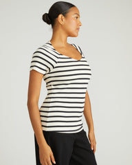 Carey Ribbed Sweetheart Tee - Ecru/Black Stripe