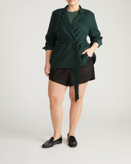 Belted Double Breasted Linen Blend Blazer - Forest Green