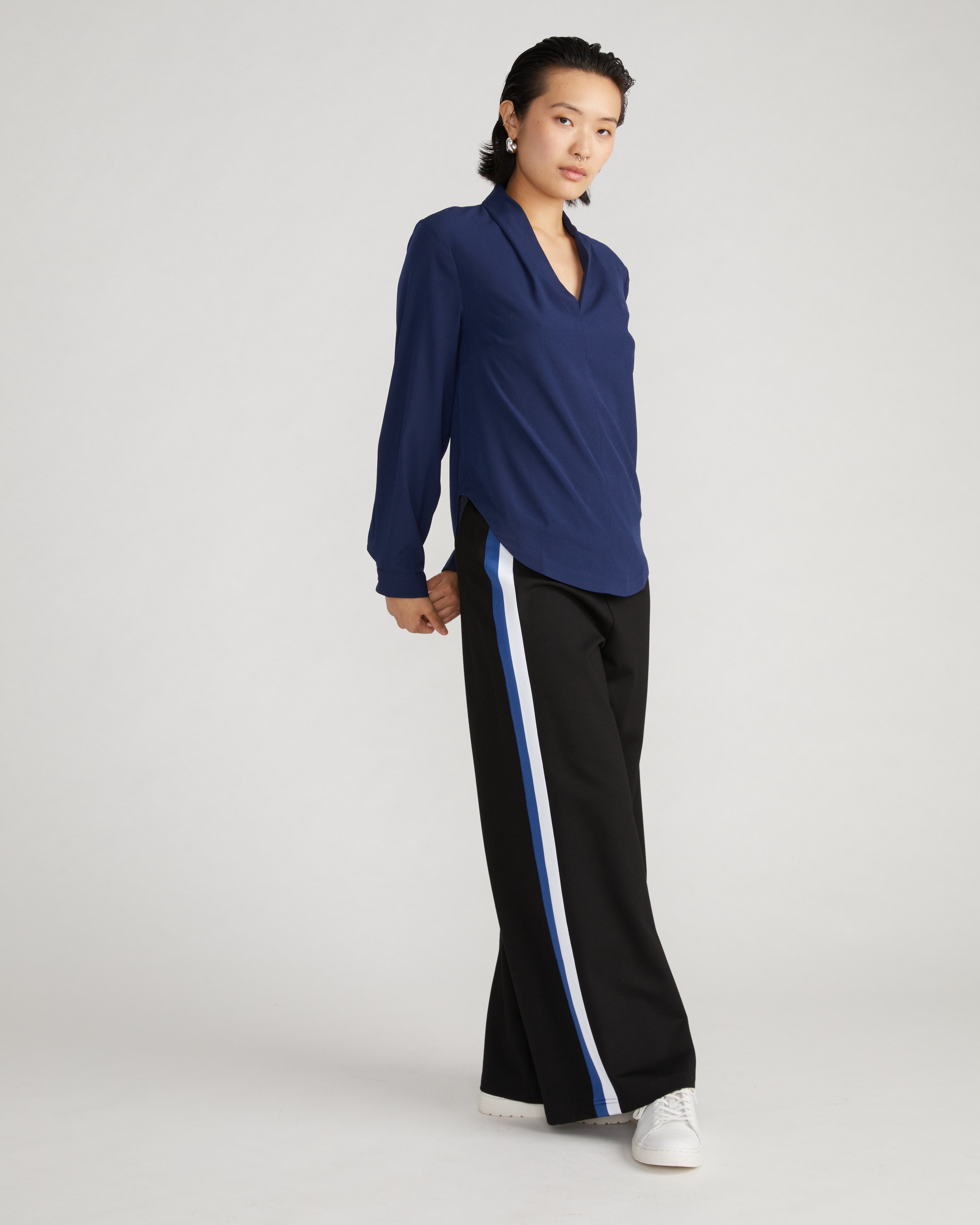 Better-Than-Silk Long Sleeve V-Neck Top - Brilliant Navy