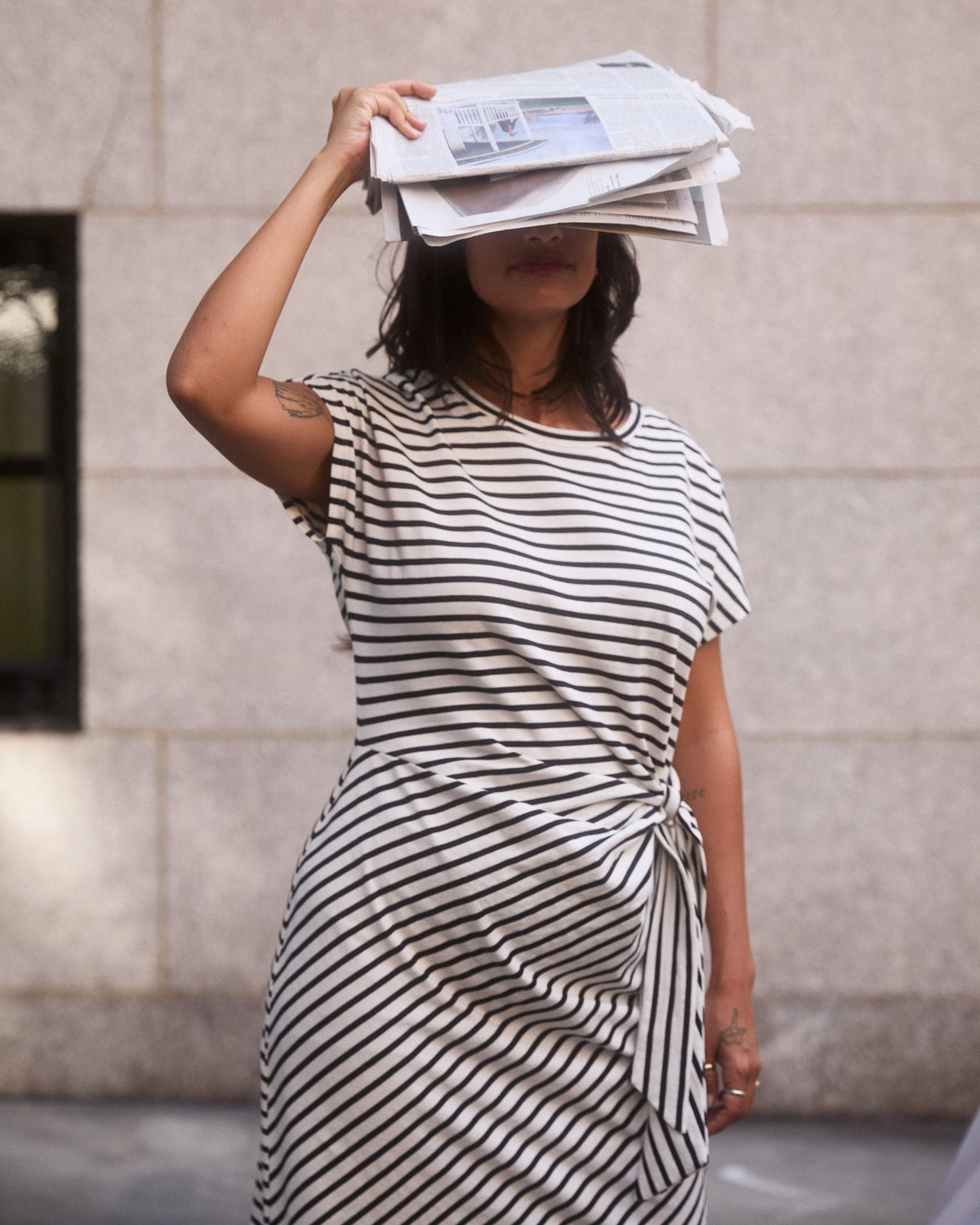 Crescent Breton Stripe Knot Dress - Ecru/Black Stripe