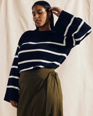 Bardot Wide Sleeve Cotton Sweater - Navy/White