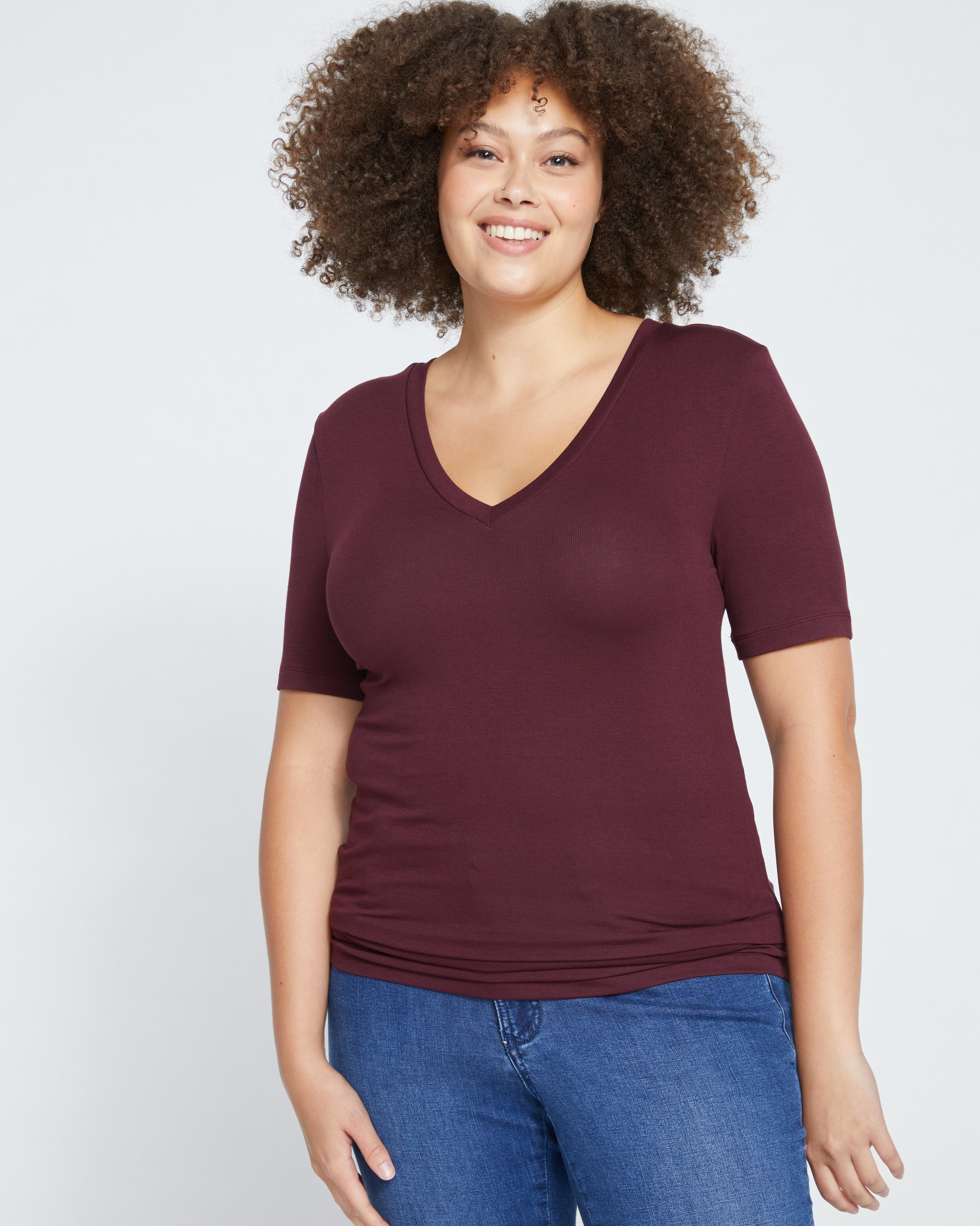 Cloud Rib Short Sleeve V-Neck Tee - Black Cherry
