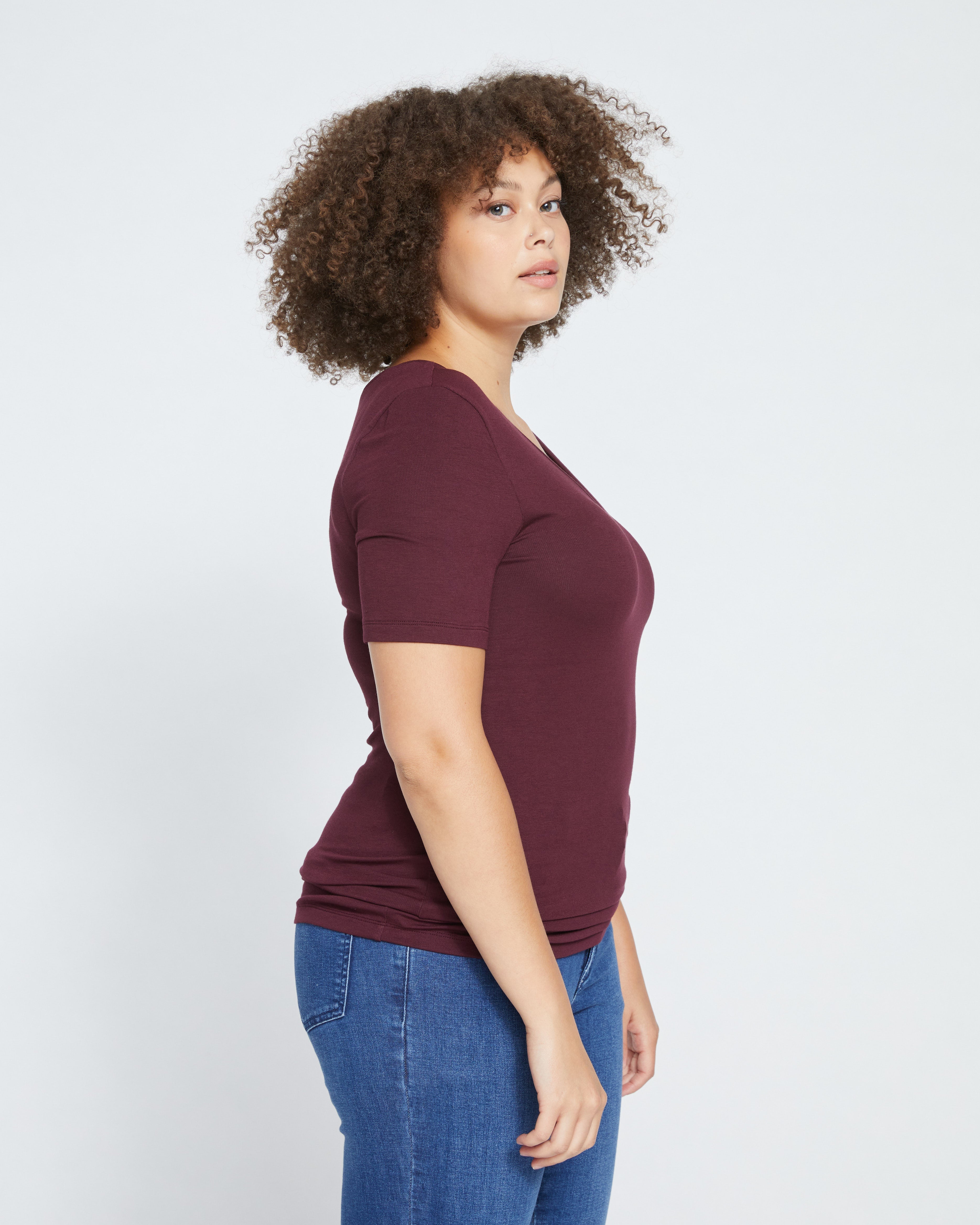 Cloud Rib Short Sleeve V-Neck Tee - Black Cherry