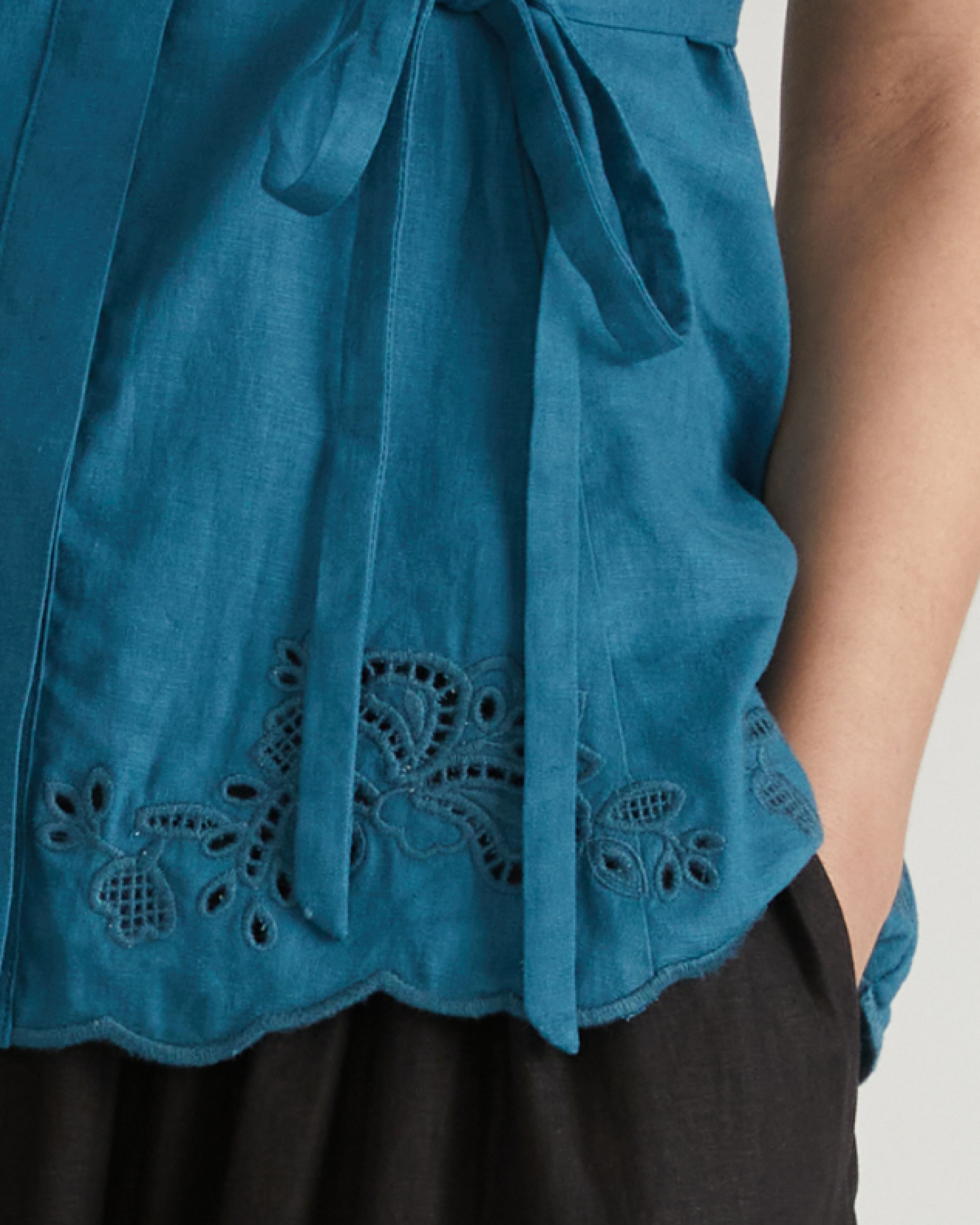 Adelaide Embroidered Sleeveless Linen Blend Shirt - Ink Blue