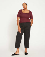 Cloud Rib Short Sleeve Square Neck Tee - Black Cherry