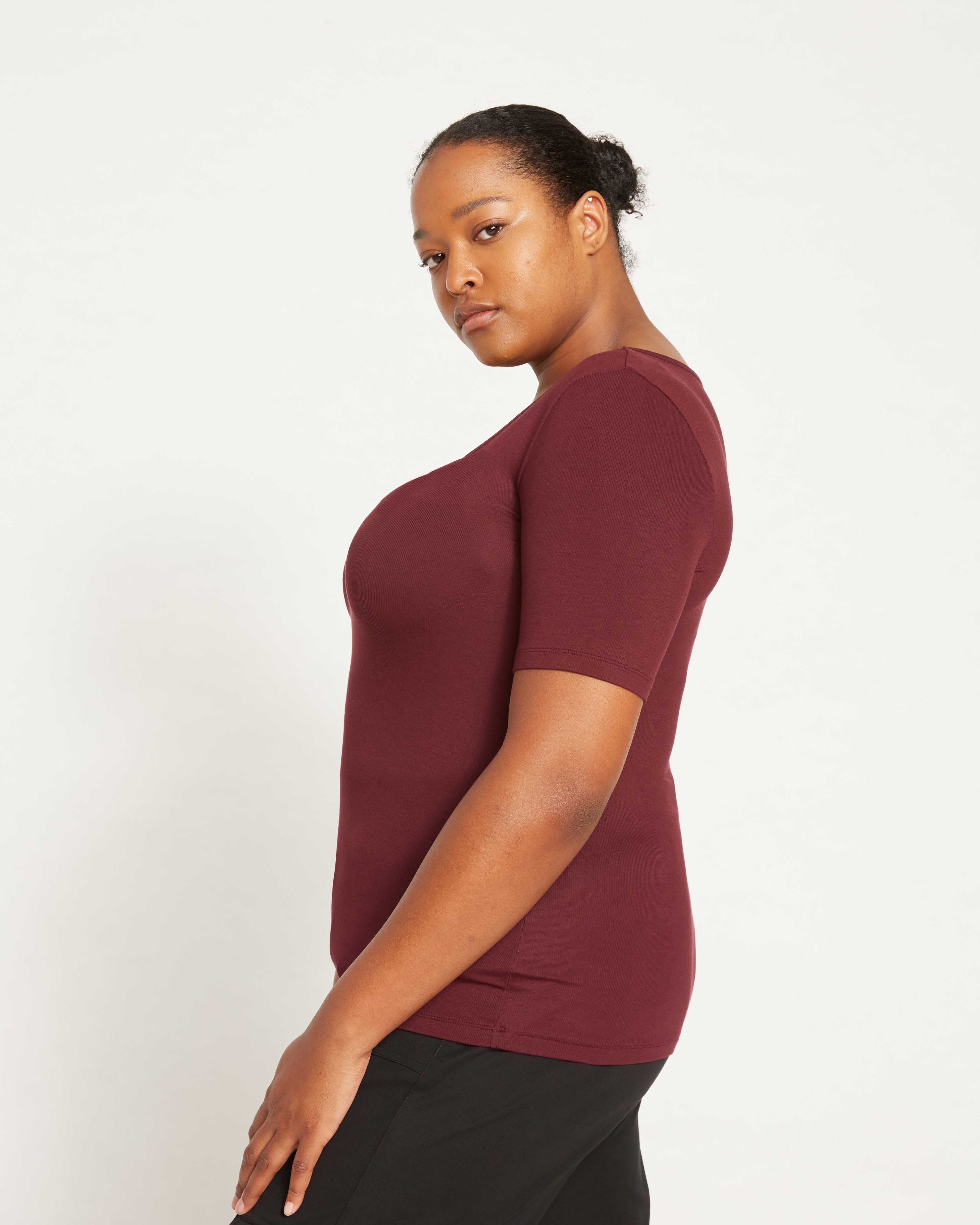 Cloud Rib Short Sleeve Square Neck Tee - Black Cherry