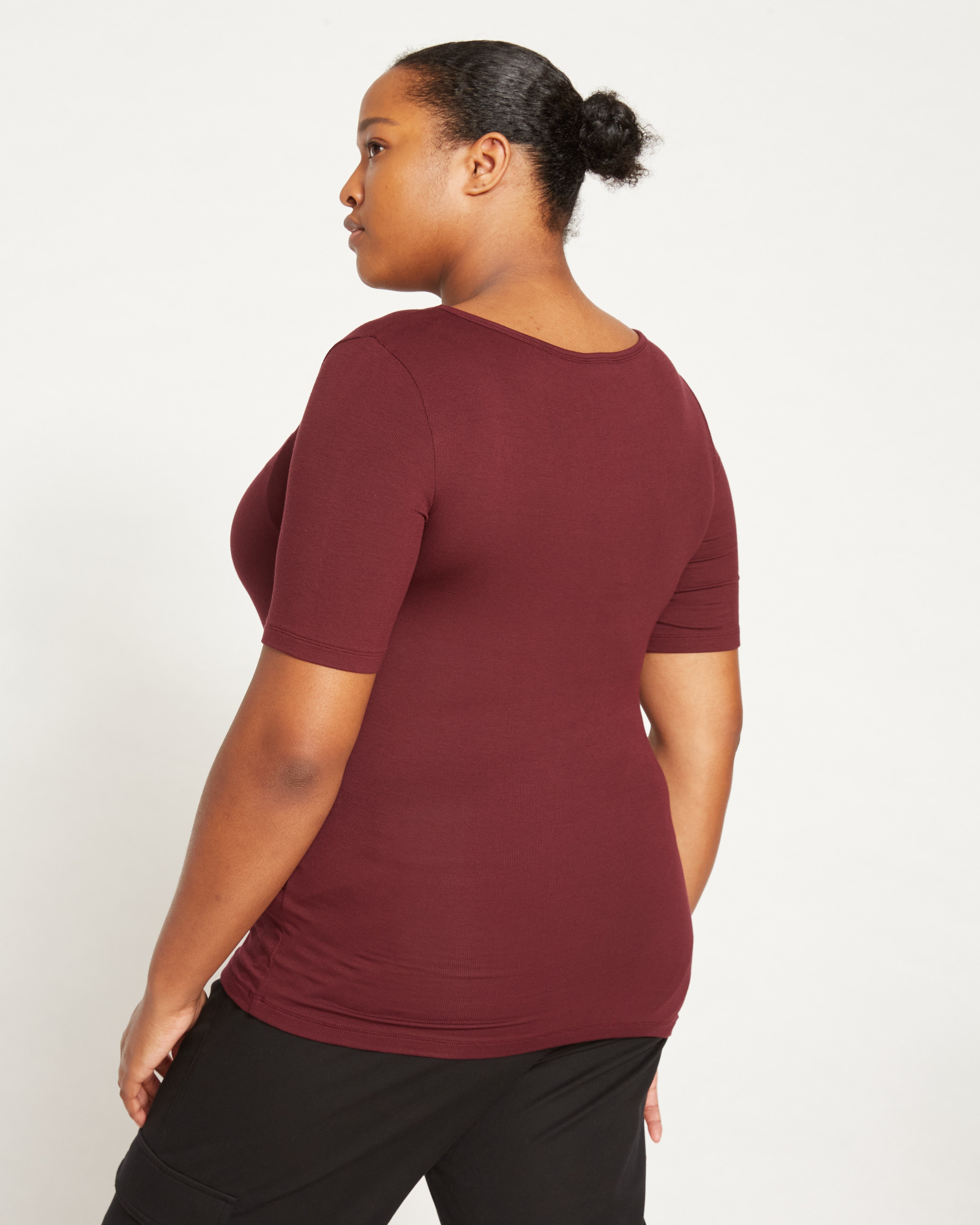 Cloud Rib Short Sleeve Square Neck Tee - Black Cherry