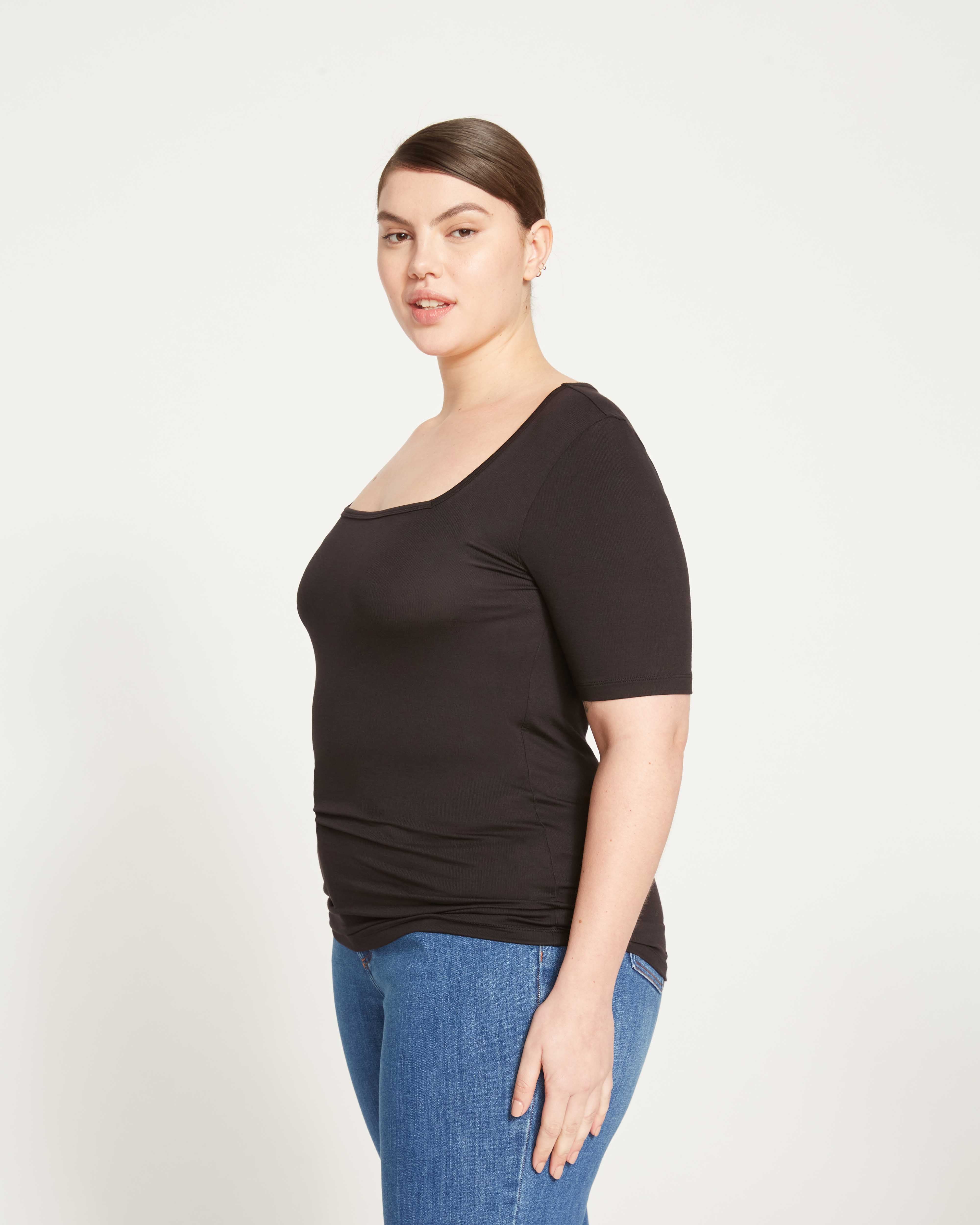 Cloud Rib Short Sleeve Square Neck Tee - Black