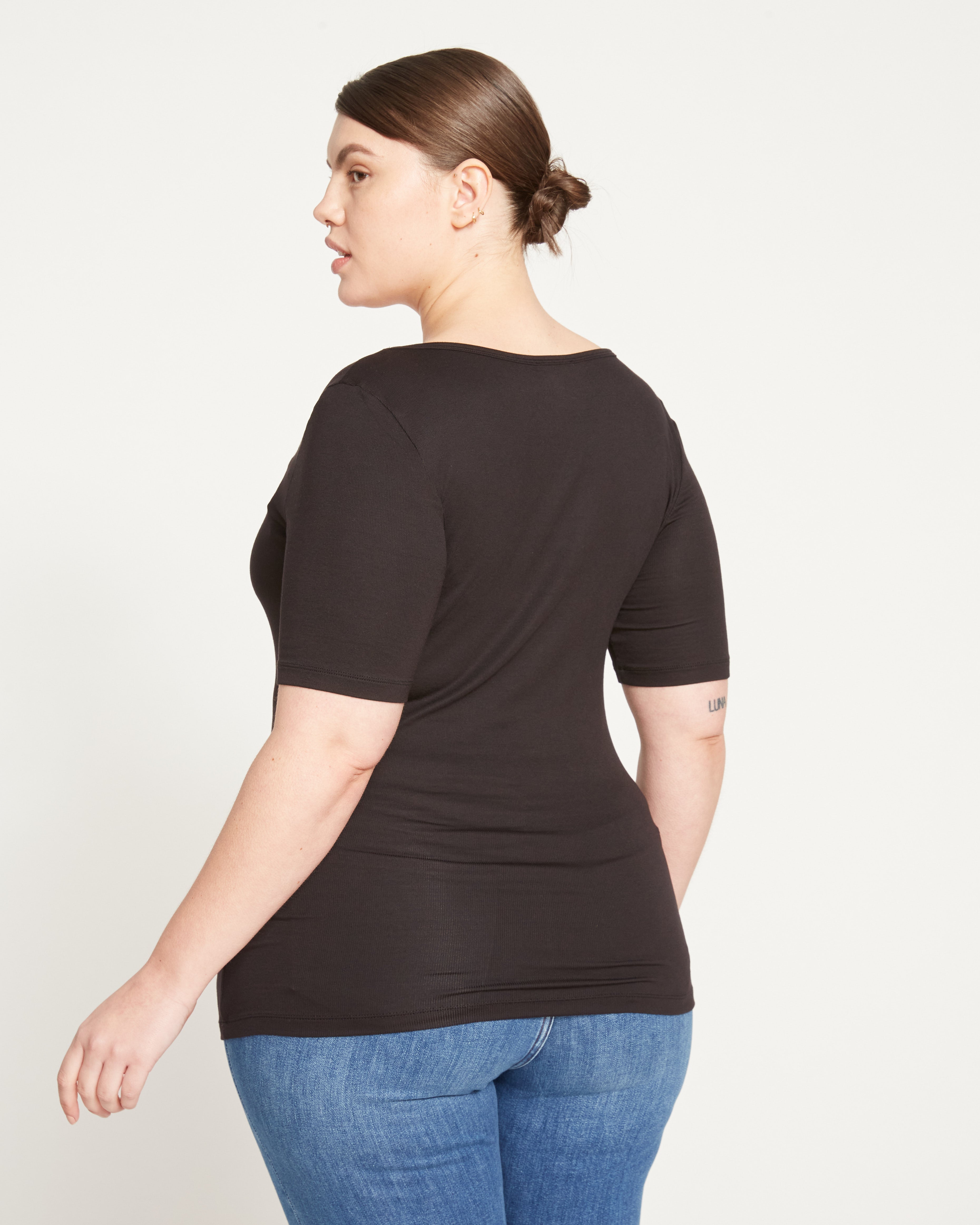 Cloud Rib Short Sleeve Square Neck Tee - Black