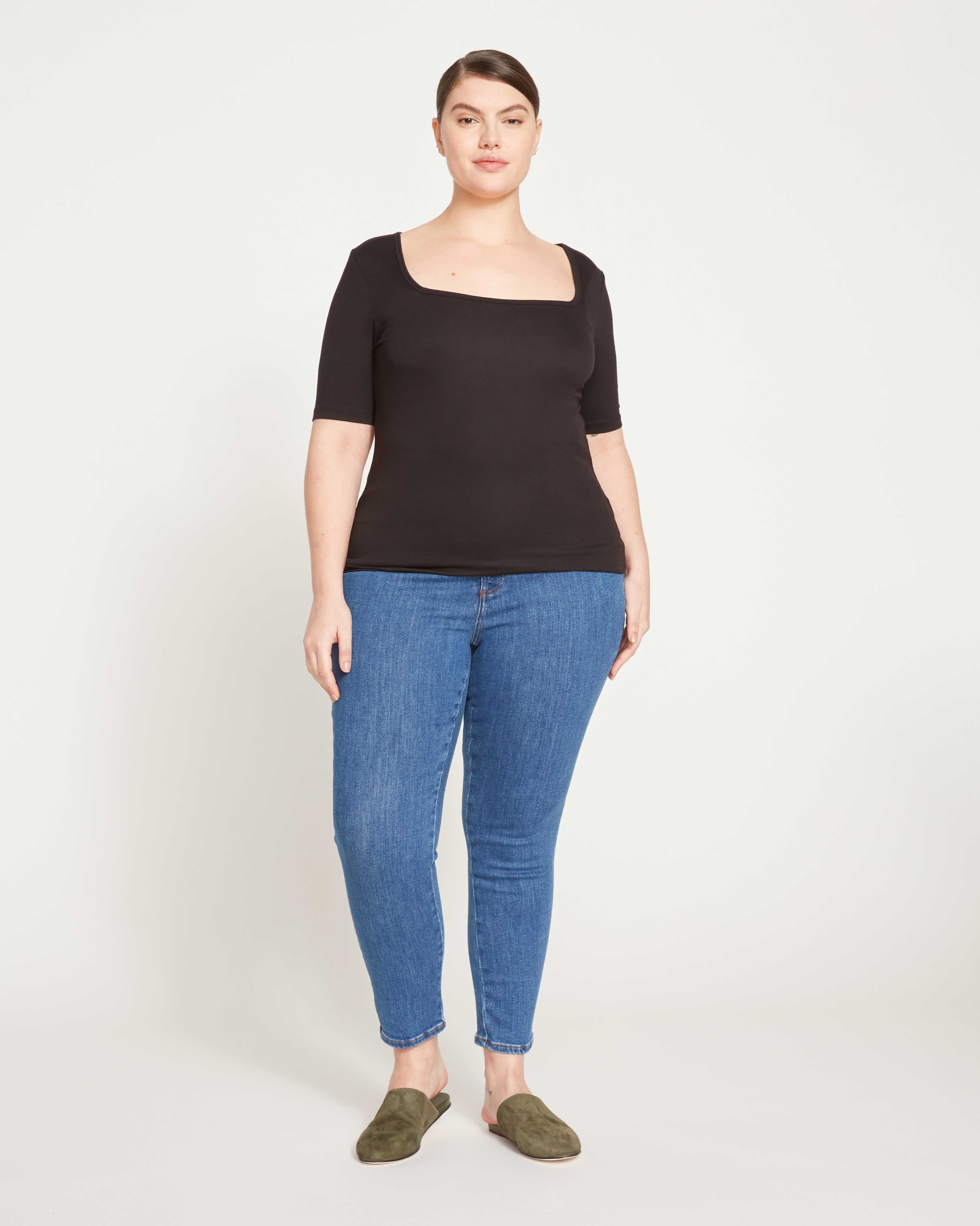 Cloud Rib Short Sleeve Square Neck Tee - Black