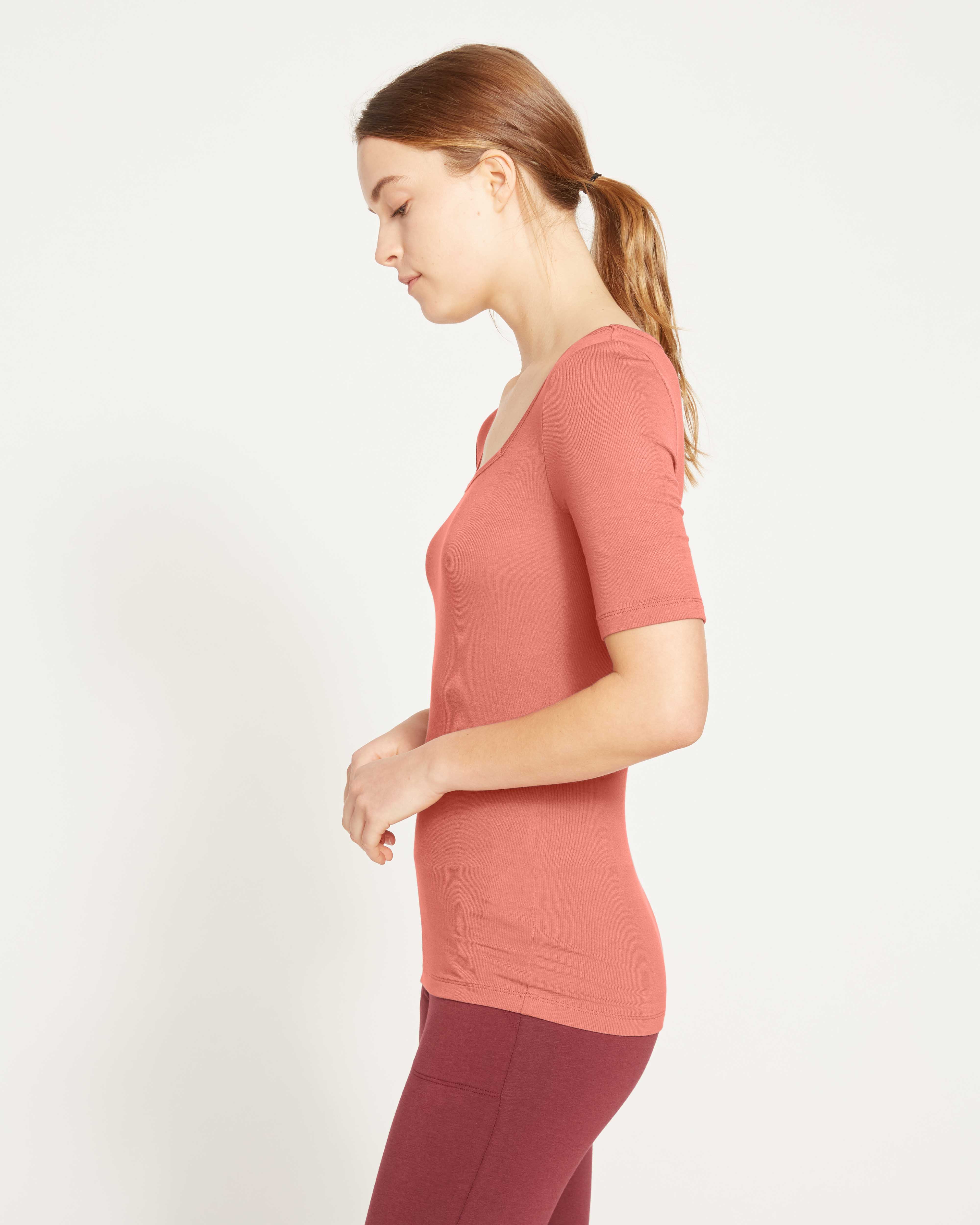 Cloud Rib Short Sleeve Square Neck Tee - Terracotta