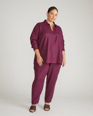 Button Back Linen Blend Polo Shirt - Acai