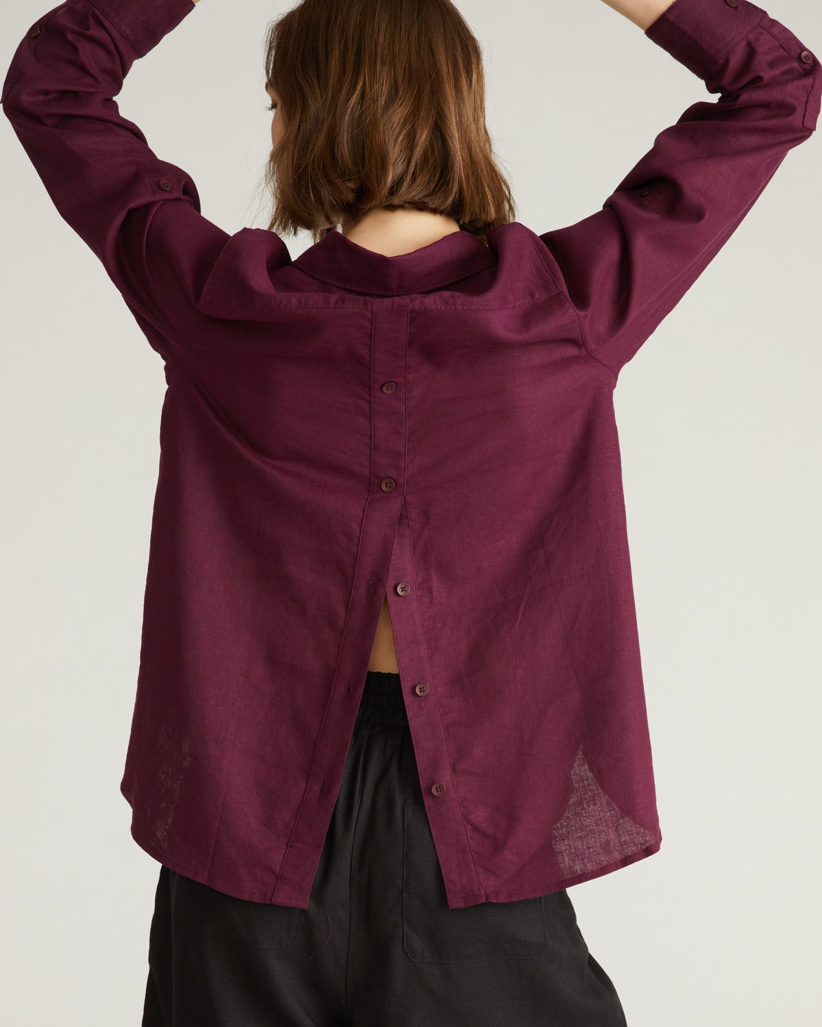 Button Back Linen Blend Polo Shirt - Acai