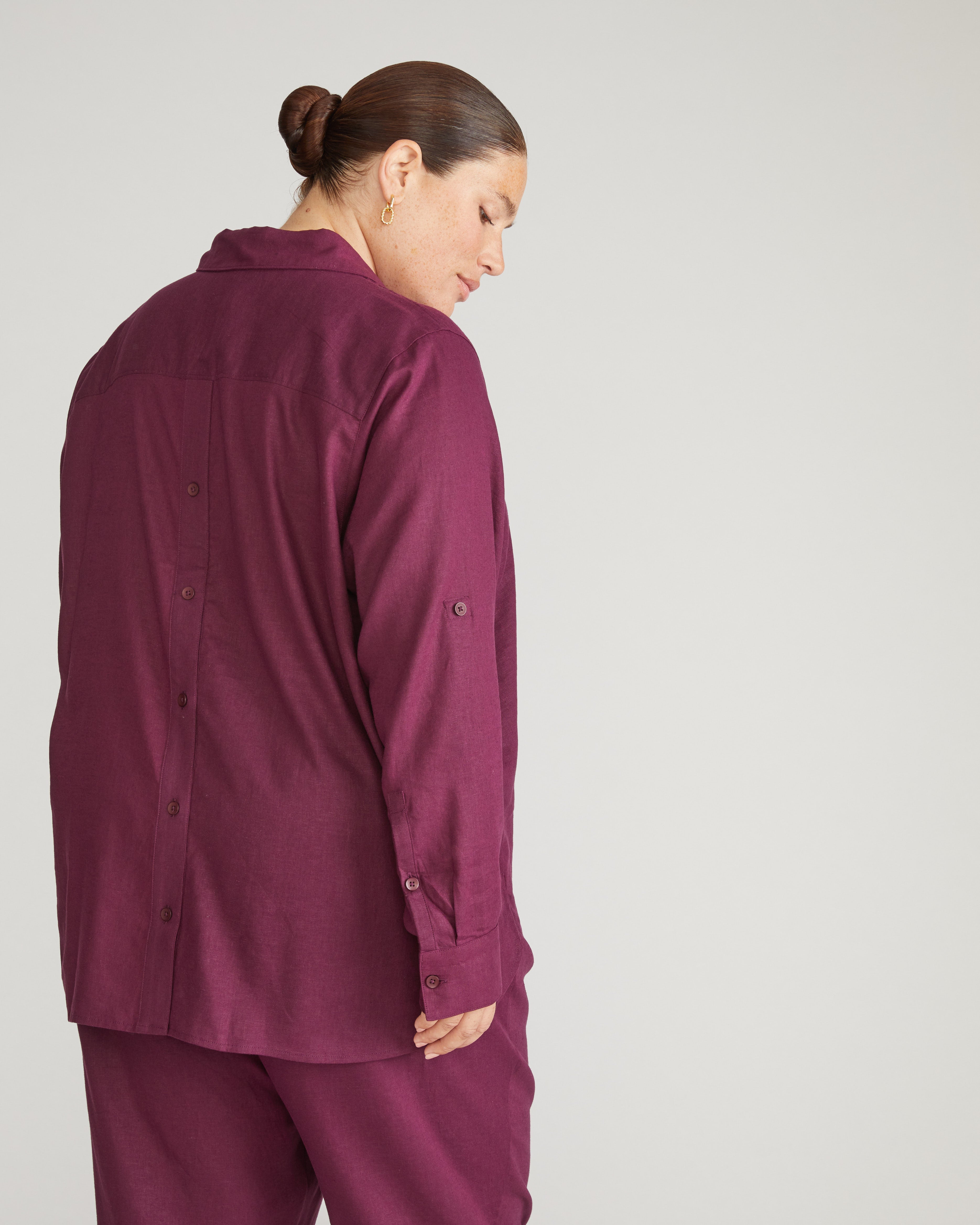 Button Back Linen Blend Polo Shirt - Acai