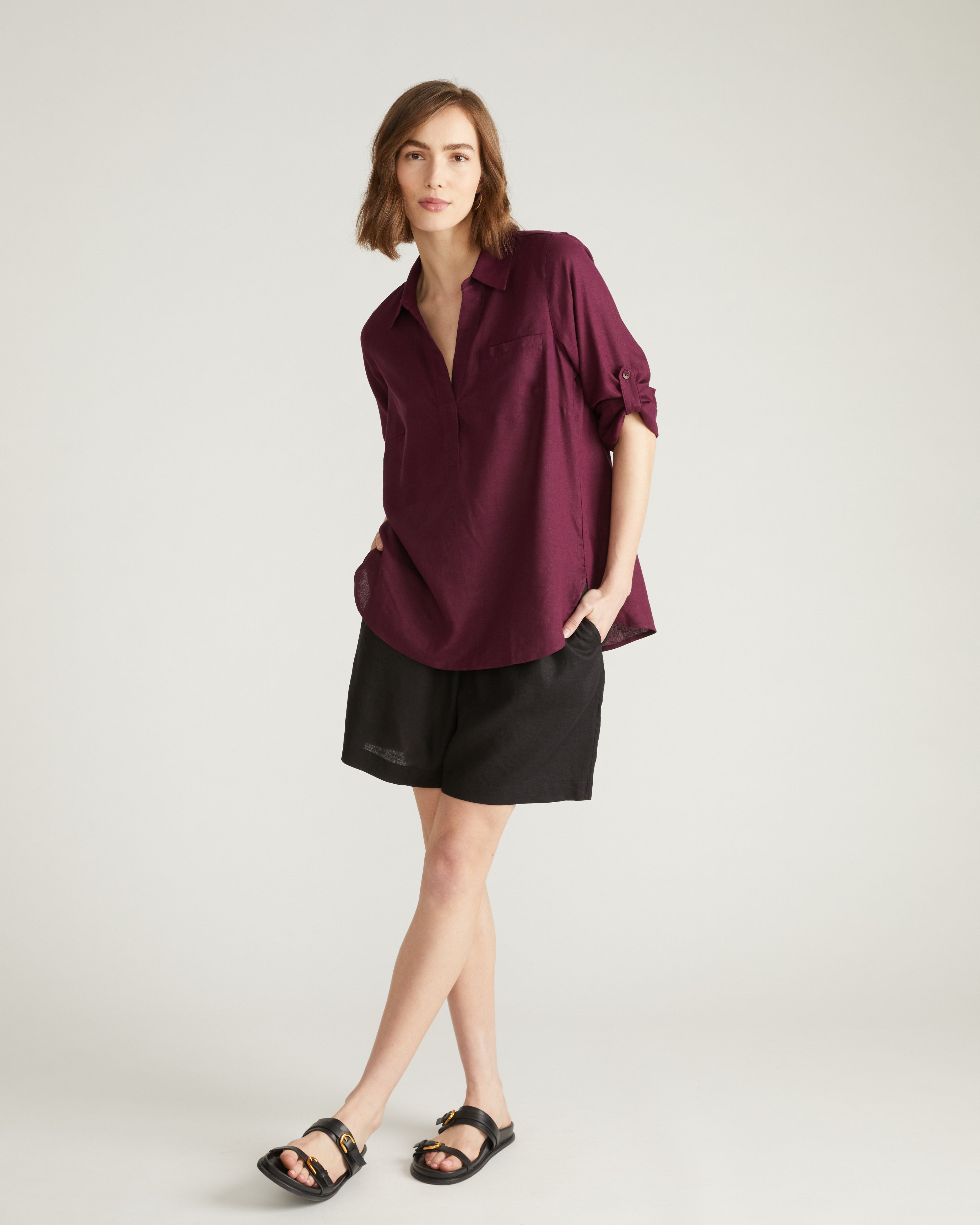 Button Back Linen Blend Polo Shirt - Acai