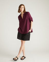 Button Back Linen Blend Polo Shirt - Acai