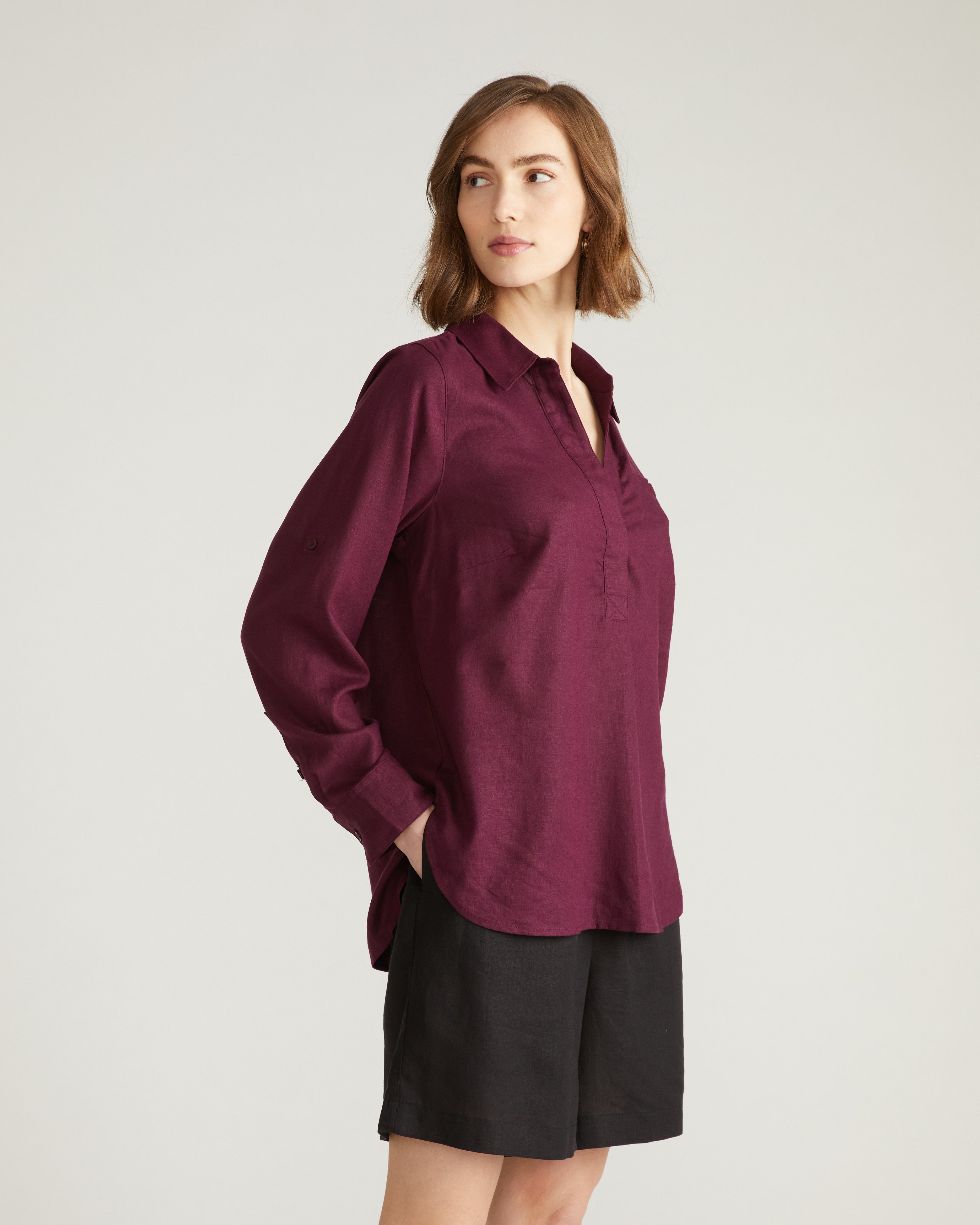 Button Back Linen Blend Polo Shirt - Acai