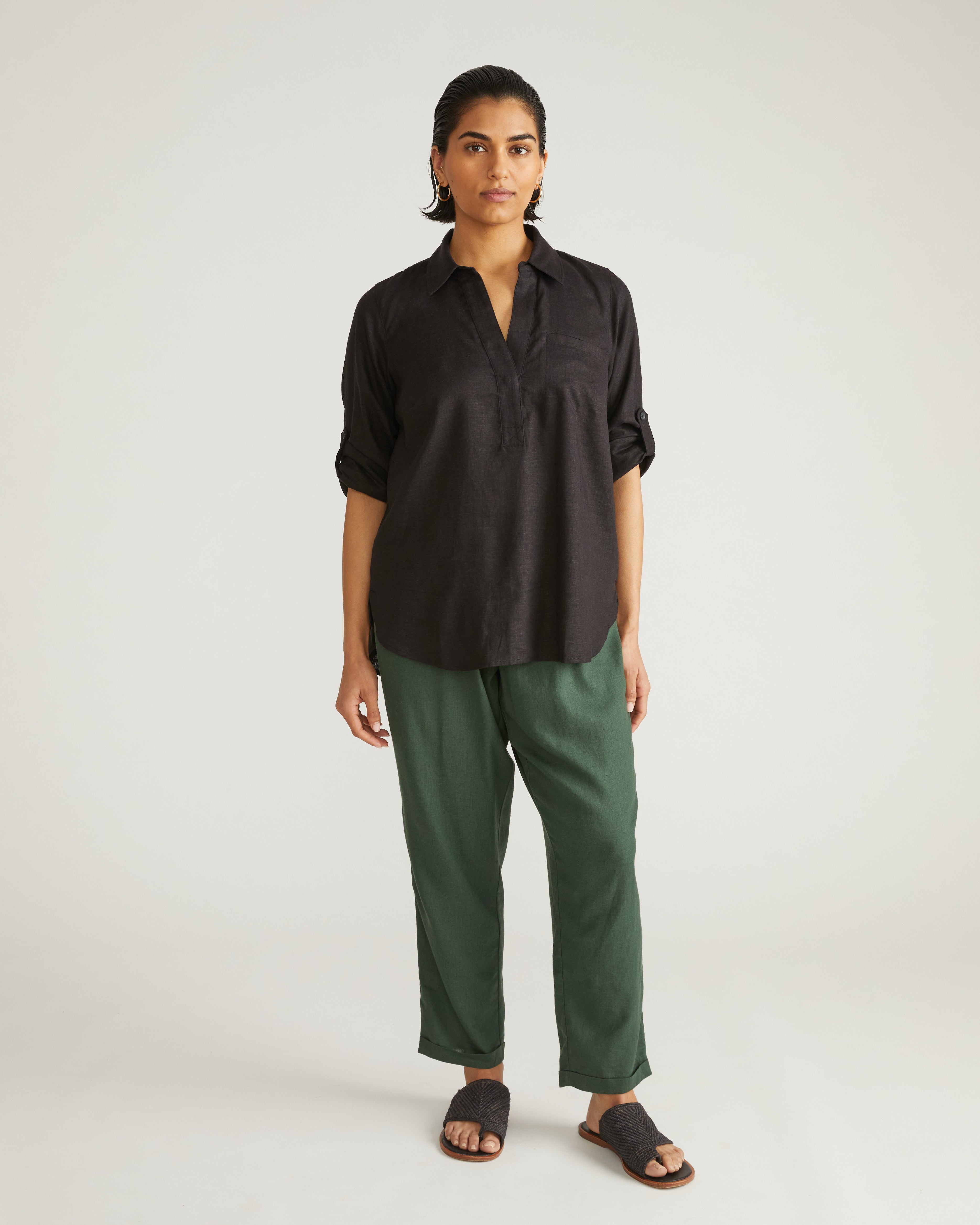 Button Back Linen Blend Polo Shirt - Black