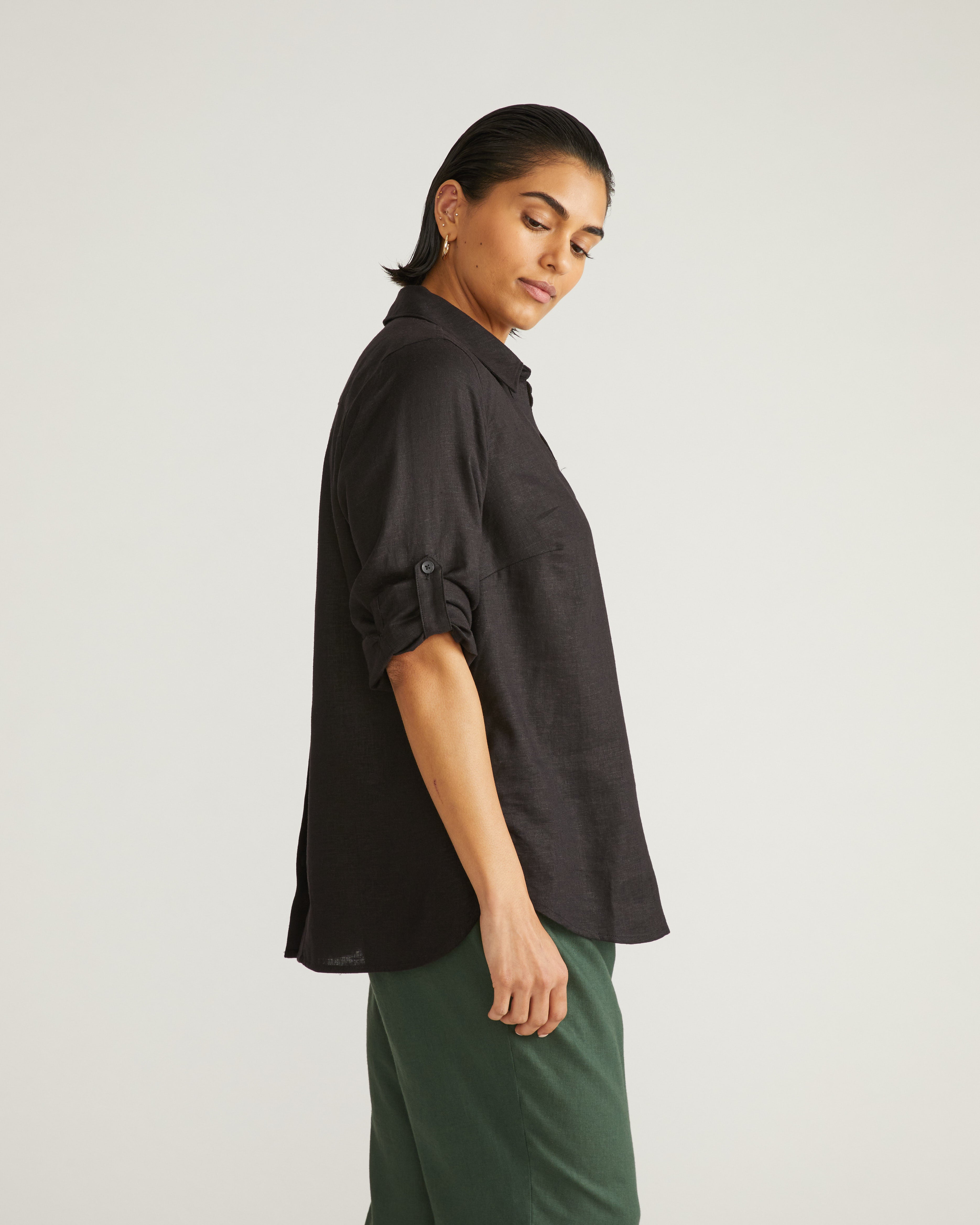 Button Back Linen Blend Polo Shirt - Black