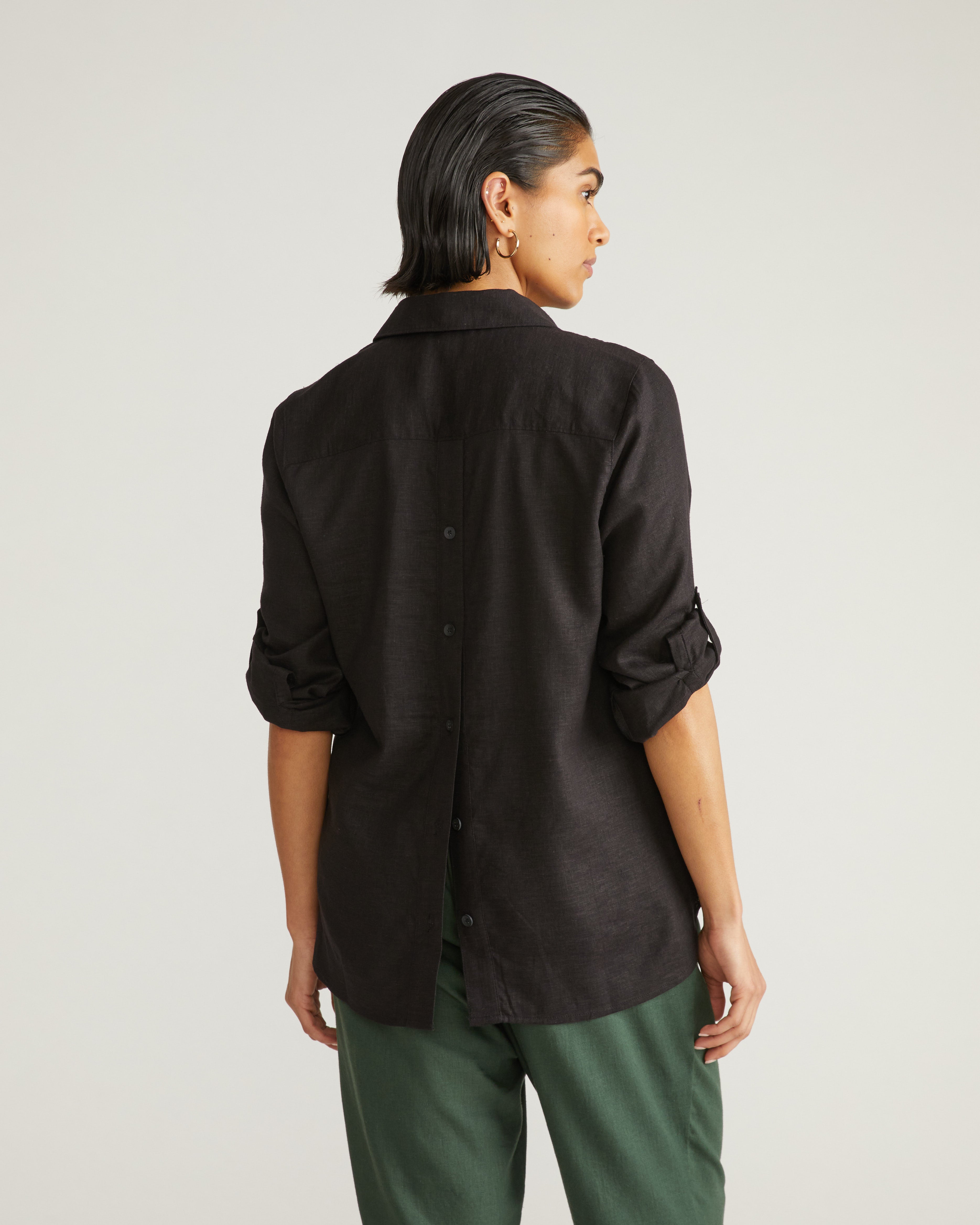 Button Back Linen Blend Polo Shirt - Black