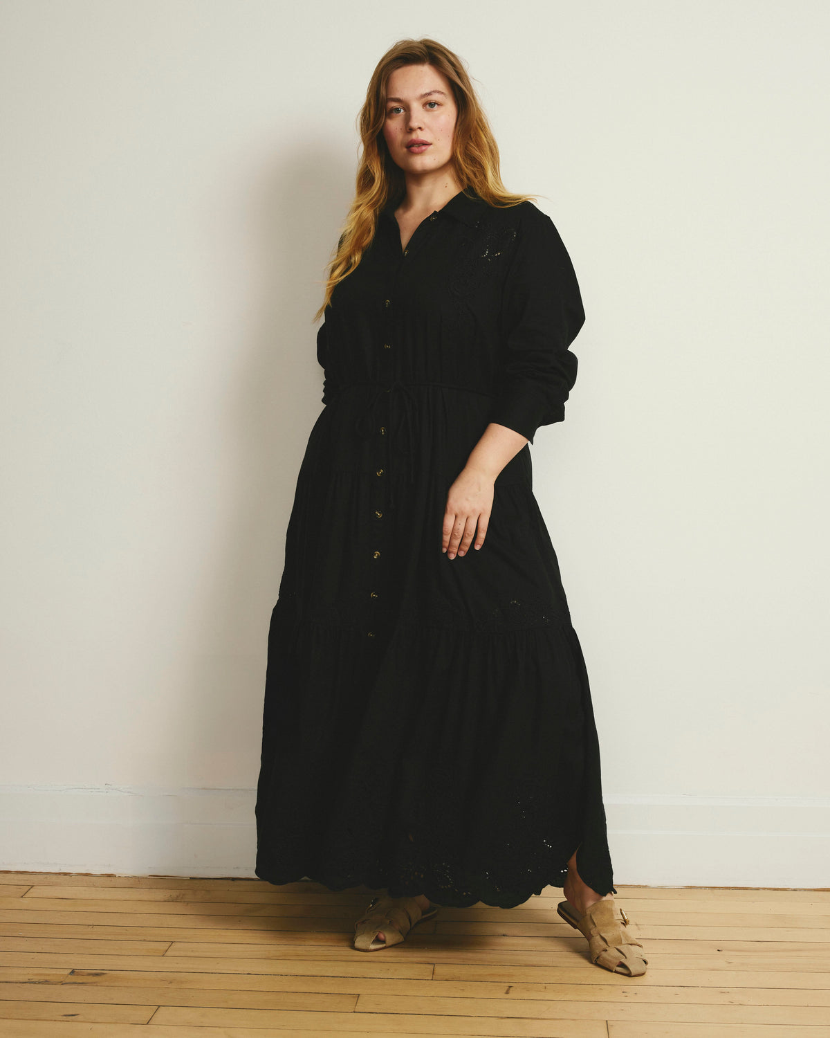 Alix Embroidered Linen Blend Shirtdress - Black