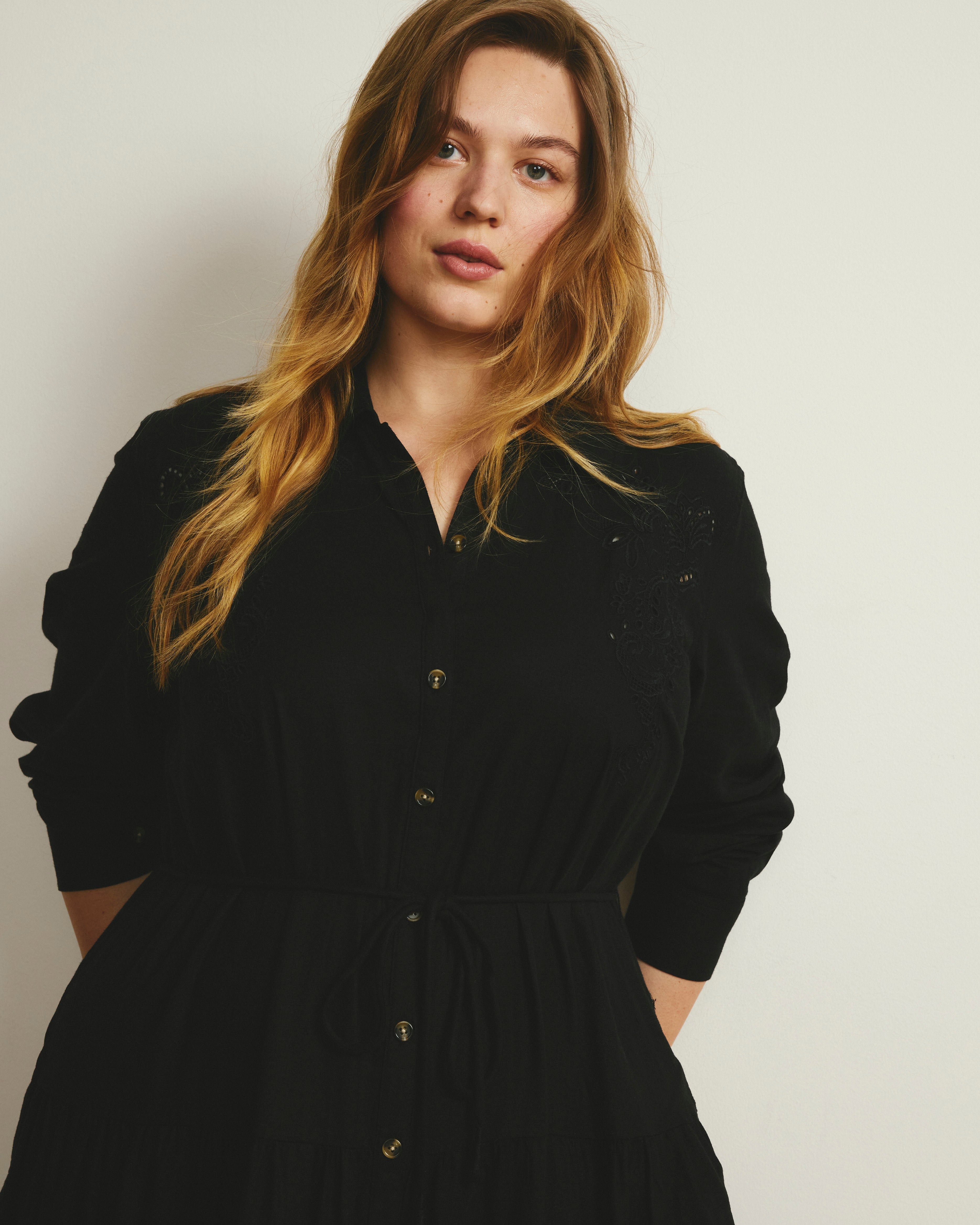 Alix Embroidered Linen Blend Shirtdress - Black
