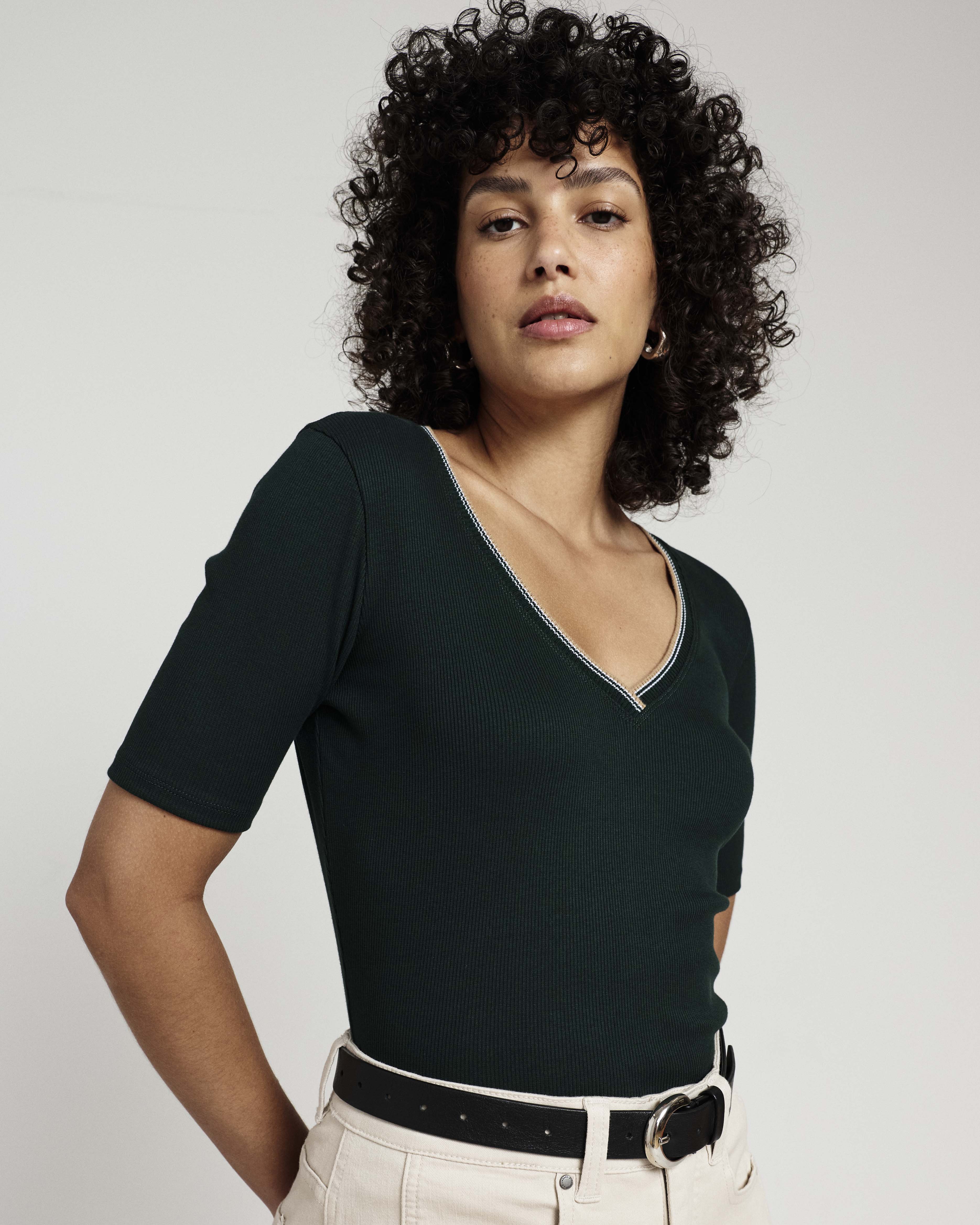 Classic V-Neck Ribbed Tee - Forest Green/Striped Trim
