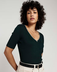Classic V-Neck Ribbed Tee - Forest Green/Striped Trim