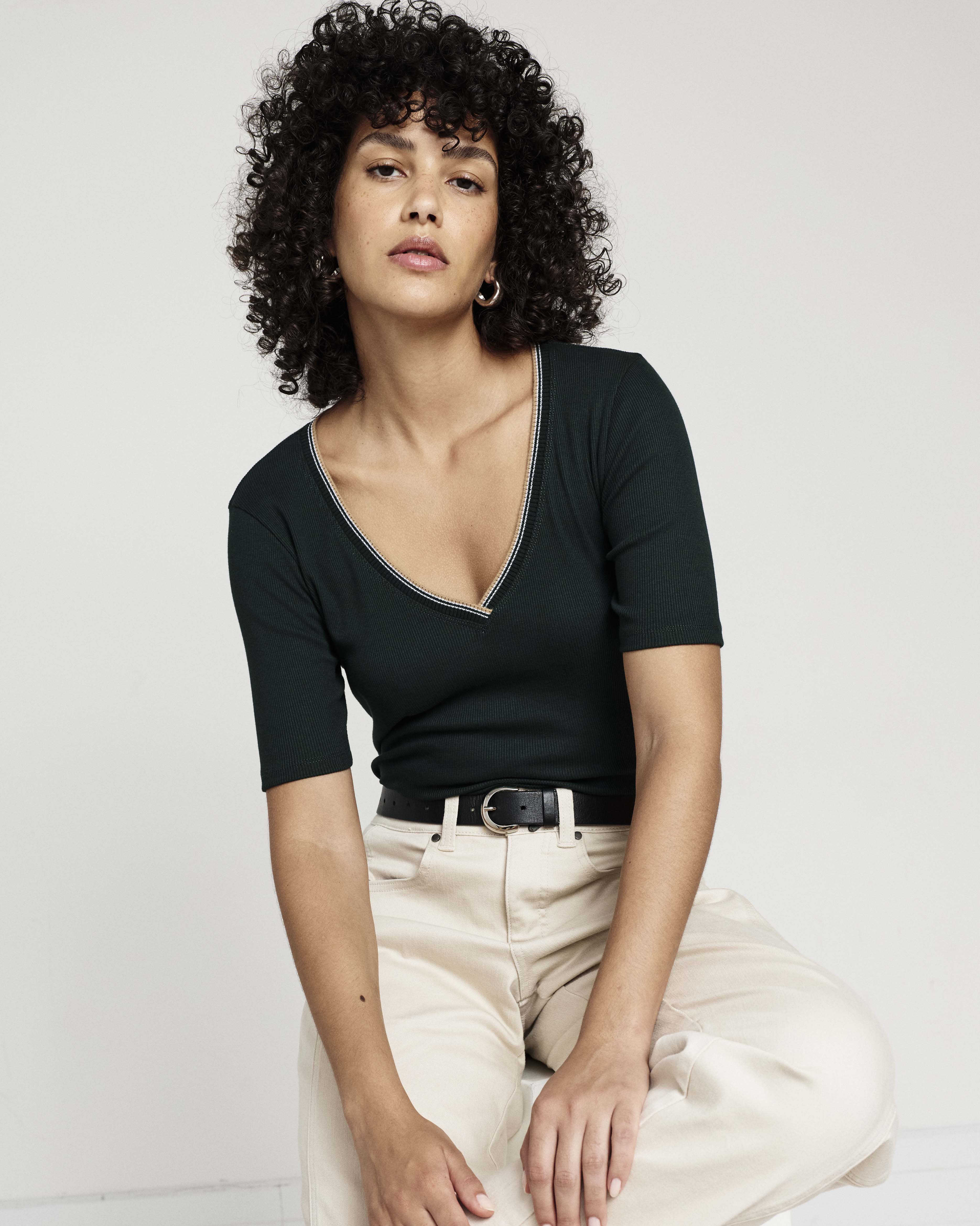 Classic V-Neck Ribbed Tee - Forest Green/Striped Trim