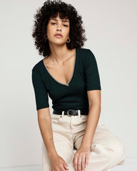 Classic V-Neck Ribbed Tee - Forest Green/Striped Trim