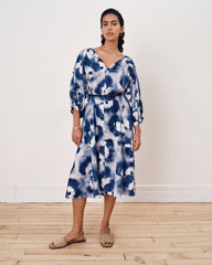 Amparo Linen Blend Dress - Blue Pressed Flower Print