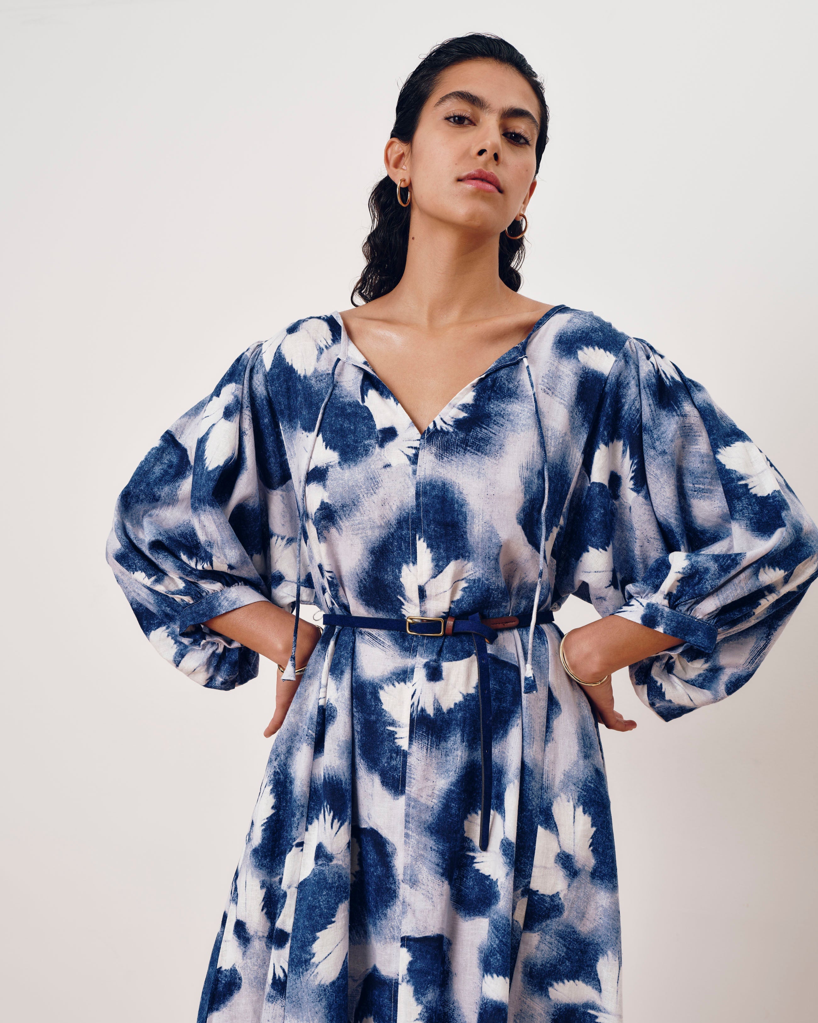 Amparo Linen Blend Dress - Blue Pressed Flower Print