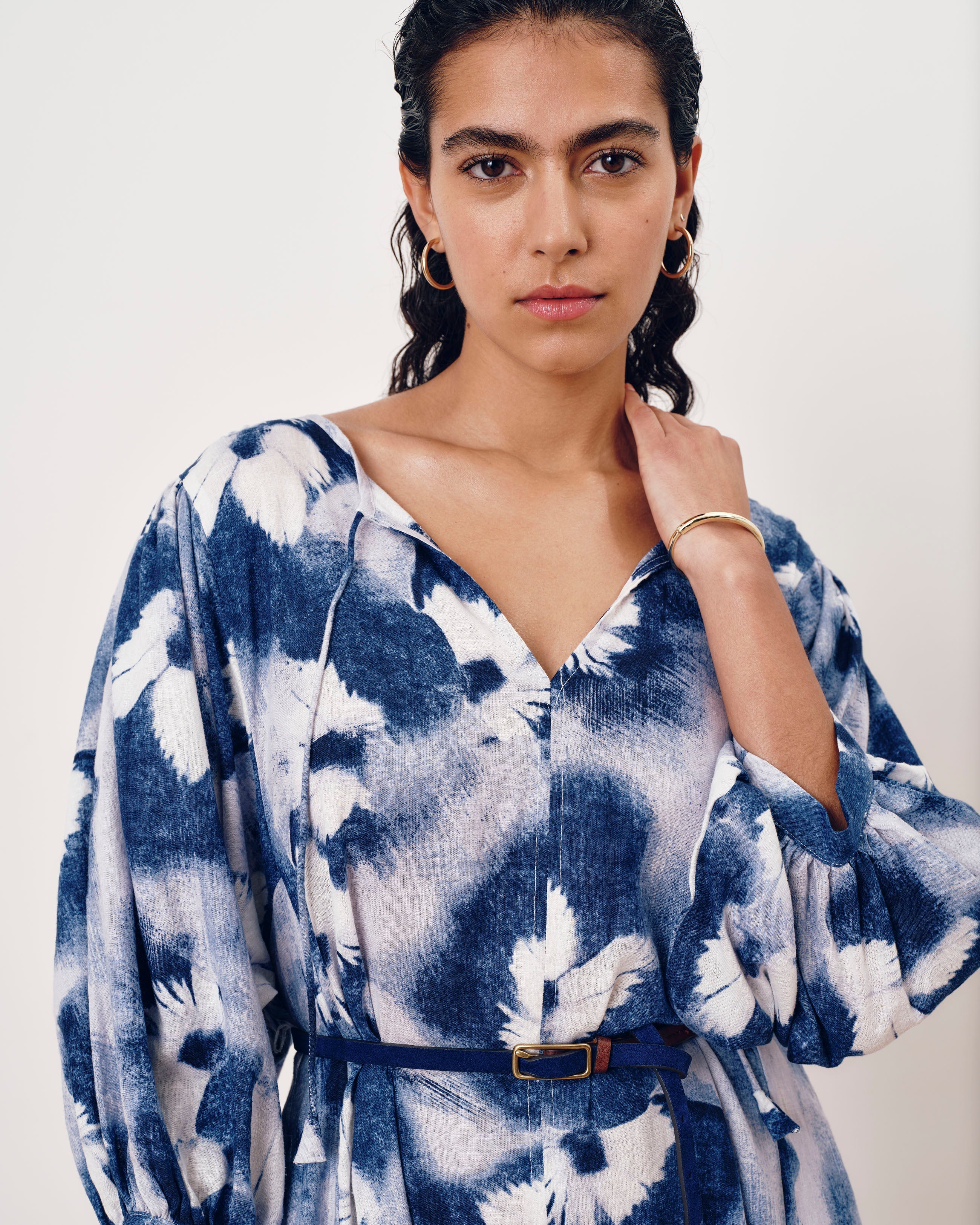 Amparo Linen Blend Dress - Blue Pressed Flower Print