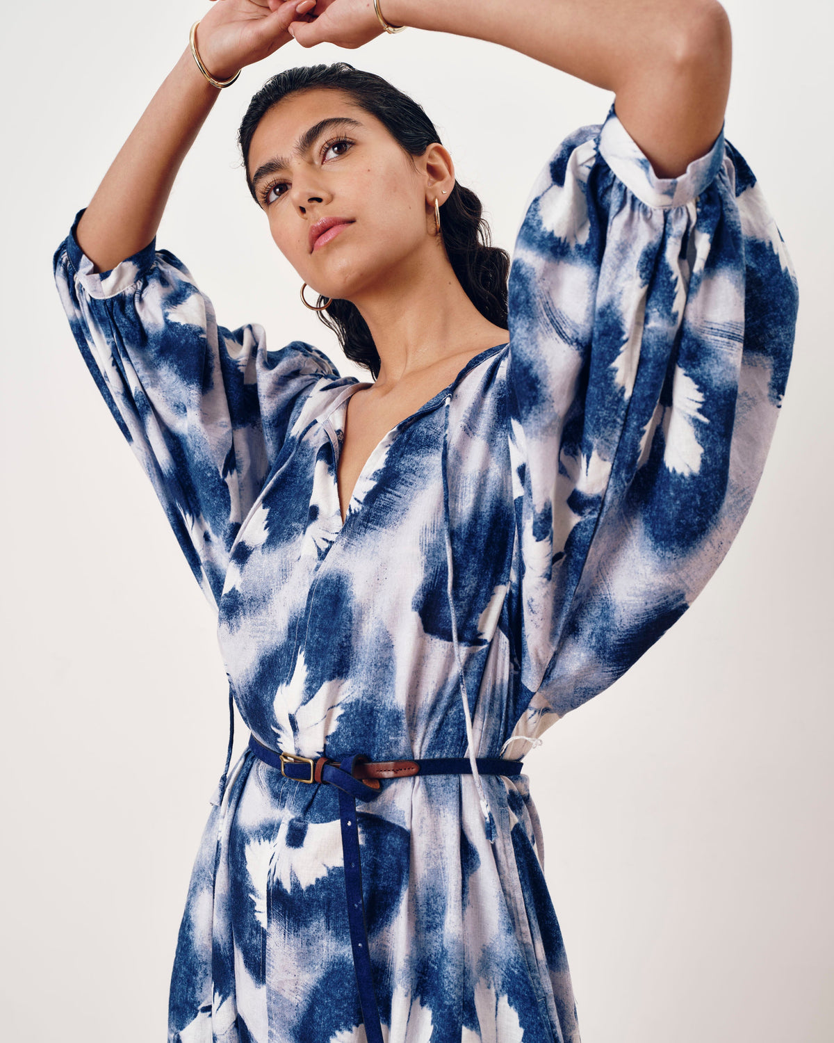 Amparo Linen Blend Dress - Blue Pressed Flower Print